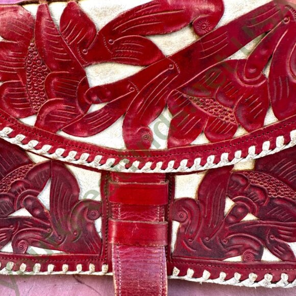Vintage Mexican Red & White Leather Shoulder Bag Purse - Picture 10 of 14